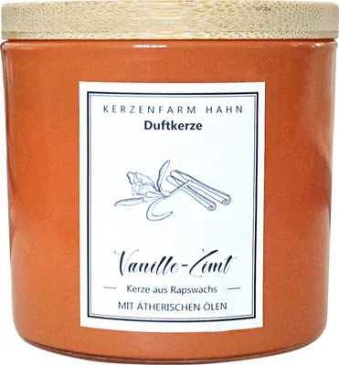 Produktbild von Duftkerze im Glas, Vanille-Zimt, 100% pflanzliches Rapswachs, KERZENFARM HAHN, mit reinen ätherischen Ölen, Brenndauer ca. 17h