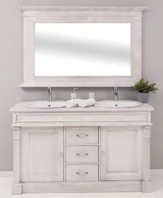 Image de Casa Padrino Ensemble salle de bain style rustique gris clair - 1 double vasque & 2 lavabos & 2 robinets & 1 miroir mural - Meubles de salle de bain en bois massif style rustique