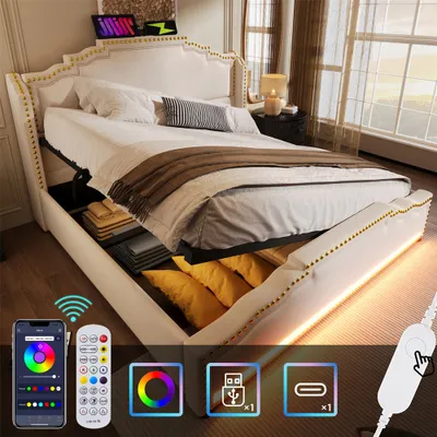 Image de Sweiko Lit rembourré 140x200, Lit double avec rangement hydraulique, lit de rangement et lit pour adolescent , Velours, Beige, sans matelas