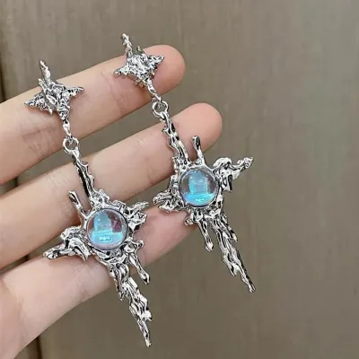 Produktbild von Paar Tropfenohrringe, unregelmäßiges flüssiges Metall, lange Quaste, Hip Hop, heller Glanz, dekoratives Geschenk, Frauen, Kreuz, künstlicher Mondstein, Anhänger, Ohrstecker, Schmuck, Modeaccessoire