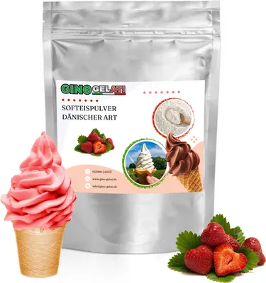 A silver foil bag of soft serve ice cream powder with images of strawberries and ice cream cones.