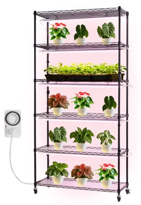 Immagine prodotto di SucceBuy Scaffale per piante con luci di crescita, scaffale per piante da interno a 6 livelli con rotelle e timer, luce LED a spettro completo 150W 3800K, scaffale in metallo per la coltivazione di piante, 90x35x180cm