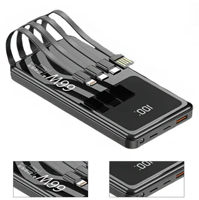 Produktbild von 20.000 mAh Powerbank 66 W, USB-C PD 20 W, integrierte USB-C-, Lightning- & Micro-USB-Kabel, LED-Display