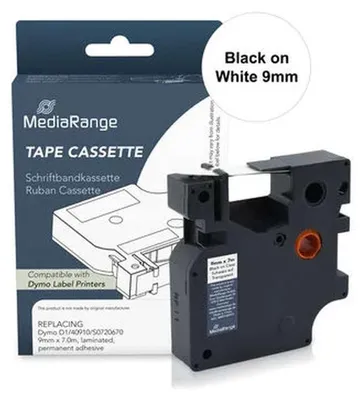 Produktbild von MediaRange Kunststoff-Schriftbandkassette, für/ersetzt Dymo® D1/40913/S0720680, permanent haftend, 9mm, 7m, laminiert, schwarz auf weiß