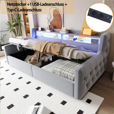 Produktbild von Polsterbett 90 x 200 cm mit hydraulischem Stauraum, LED-Beleuchtung, Ablagefach, Steckdose, USB- und Typ-C-Anschlüssen, Schlafsofa, Hellgrau, Samtstoff
