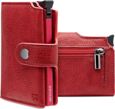 Produktbild von Shielded Slim Wallet mit Münzfach für Herren & Damen | Kartenetui mit Münzfach & RFID-Schutz & Anti-Cloning | Scheine, Münzen & 9 Kreditkarten | Rot