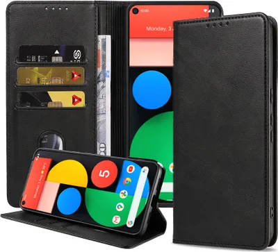 Obrázok produktu pre Puzdro na mobilný telefón vhodné pre Google Pixel 5 Puzdro z umelej kože s magnetickým zatváraním a držiakom na karty Book Case - čierne