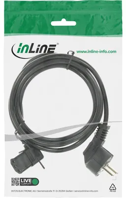 Produktbild von InLine Netzkabel, Schutzk. gew. / Kaltgerätest. C13 links abgew., schwarz, 3m, 3 m, CEE7/7, C13-Koppler