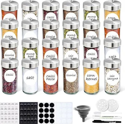 Produktbild von Famanu Set von 24 Gewürzgläsern 100 ml - mit Streueinsatz, Etiketten, Trichter und Marker