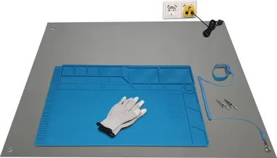 Produktbild von Minadax ESD Geschützter Arbeitsplatz 80 x 60cm für Elektronik-Reparaturen | Matte | Lötmatte 55x35cm | Manschette | Handschuhe | Erdungssstecker