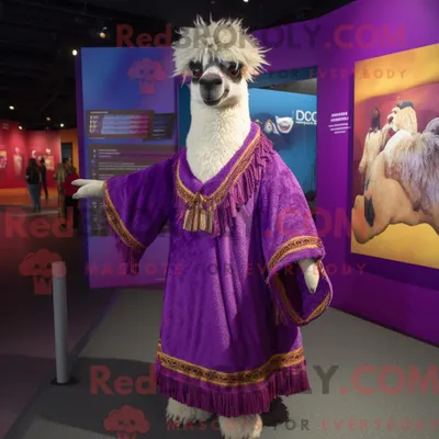 Produktbild von Lila REDBROKOLY Lama Maskottchen Kostüm Figur bekleidet mit einem Empire Taille Kleid und Schals