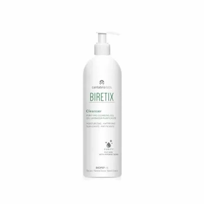 A white pump bottle of Biretix Cleanser on a white background.