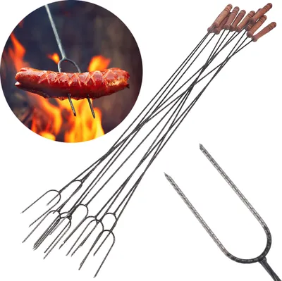 Produktbild von BAUSTER® Satz mit 10 Stück Lagerfeuerspieß, Grillspieße Lagerfeuer 122cm Stock Grill Grillgabel Metall Hochwertige mit Holzgriff mit zwei Zinken
