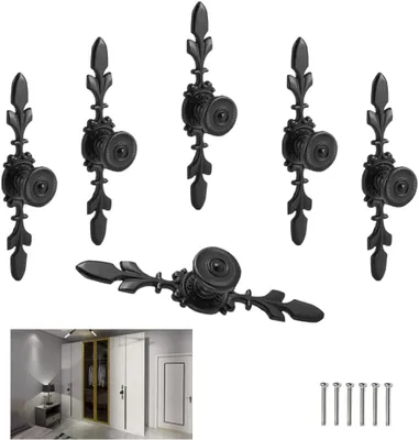 Productafbeelding van Deurknop Set 6-delig, Antieke Stijl, Vintage Zwart, Meubelgrepen met Bloemdesign, voor Kast en Lades
