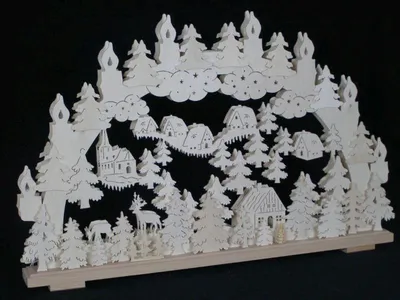 Produktbild von Schwibbogen mit Kirche Rehe und Häuser mit Beleuchtung BxHxT 70x44x7cm NEU