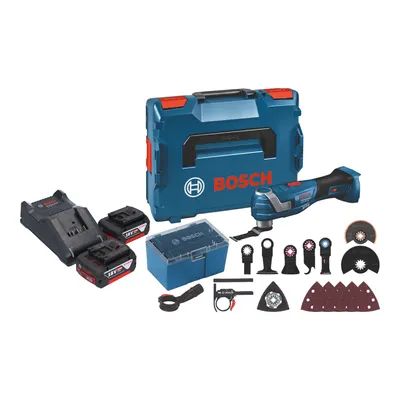 Produktbild von Bosch GOP 18V-34 Professional Akku Multi Cutter 18 V Starlock Plus + 2x Akku 5,0 Ah + Ladegerät + 17 tlg. Zubehör + L-Boxx