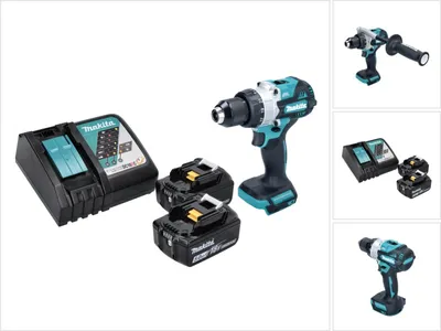 A collage of images showing a Makita cordless impact drill, batteries, and a charger, along with other views of the drill.