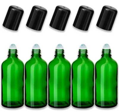 Produktbild von 5x Grüne Glasflasche 100 ml Roll-On mit schwarzem Verschluss Glaskugel