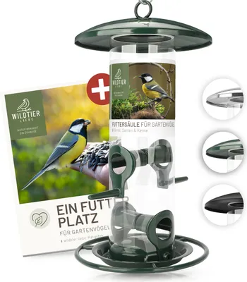 Produktbild von wildtier liebe Körner Futtersäule, Vogelfutterspender 26cm, Grün - aus rostfreiem Metall I Vogel-Futterstation, Vogelfutter-Säule, Wildvögel Futtersilo I Ganzjährige Vogelfütterung