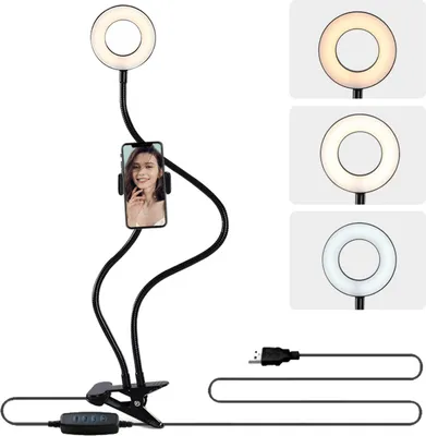 Produktbild von D90D LED Ringlicht mit Klemme – USB Tischlampe mit flexiblem Schwanenhals, 3 Lichtmodi & 10 Helligkeitsstufen