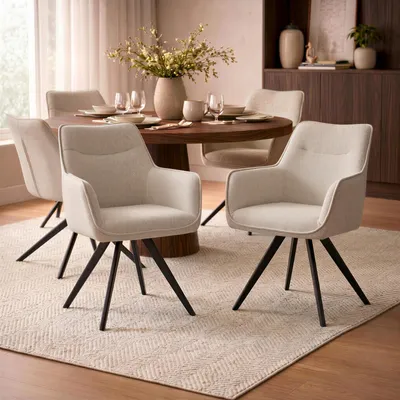 Produktbild von Esszimmerstühle VENICE im 2er Set, Beige - Moderne Polsterstühle mit bequemer Sitzschale und Armlehnen, pflegeleichter Strukturstoff, ergonomisch geformte Rückenlehne, Metallgestell in Schwarz