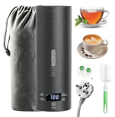 Reise-Wasserkocher 500 ml, 4 Temperaturstufen, Edelstahl, schwarz