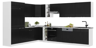Produktbild von Eckküche Vicco Fame-Line Schwarz gestreift/Weiß 347 x 257 cm, AP Eiche, Model 51109
