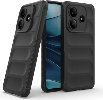 Two black phone cases are shown, one in the foreground and one slightly behind it, with a phone screen visible between them.