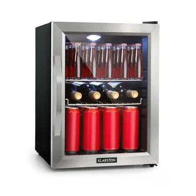 Produktbild von Klarstein Mini chladnička so sklenenými dvierkami, malá chladnička 33 litrov, mini chladnička do izieb, malá chladnička na nápoje s nastaviteľnými policami, vnútorná/vonkajšia chladnička tichá