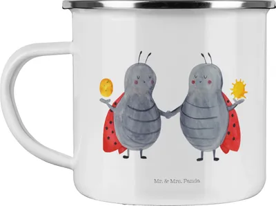 Produktbild von Mr. & Mrs. Panda Camping Emaille Tasse Sternzeichen Zwilling - Weiß - Geschenk, Emaille Tassen, Glückskäfer, Zwilling Sternzeichen, Outdoor Tasse, Marienkäfer, Horoskop
