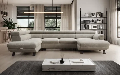 Zdjęcie produktu dla DomoHome ECKSOFA RAVEN XL - Narożnik z funkcją spania z wysuwanym łóżkiem, regulowane zagłówki, pojemnik na pościel, duża sofa 334x198x162 cm lewa strona Nata
