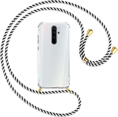 Produktbild von Handykette Backcover-Schutzhülle mit Band (Metall goldfarben) für Xiaomi Redmi Note 8 Pro - schwarz/weiß gestreift