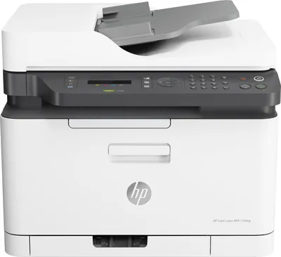 A white HP Color Laser MFP 179fwg multifunction printer is shown from the front.