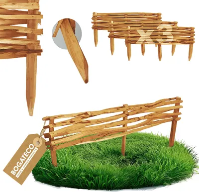 Produktbild von BOGATECO 3x Gartenzaun aus Haselholz 120cm x 20cm Beeteinfassung Rasenkanten Zaun Holz Beetumrandungen Staketenzaun | Braun