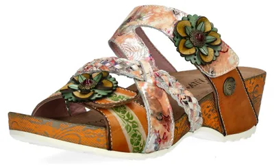 Produktbild von Laura Vita Damen Pantolette aus Leder mit Blumenmuster und Keilabsatz Daphneo 01, Größe:39 EU, Farbe:Orange