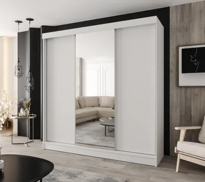Produktbild von Schwebetürenschrank 3-türig 180 × 205 cm Weiß – Moderner Kleiderschrank mit Spiegel auf der mittleren Tür für Schlafzimmer und Flur