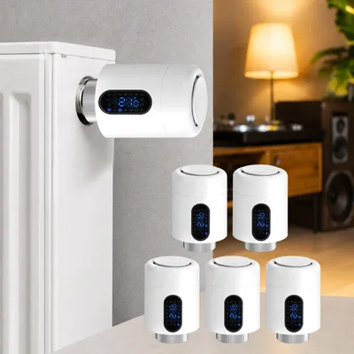 Obrázek produktu pro Chytrý termostat pro radiátory Eikuavons, WiFi, ovládání přes aplikaci, kompatibilní s platformami Smart Life/Tuya, bílý, sada 5 kusů, včetně 7 adaptérů pro ventily