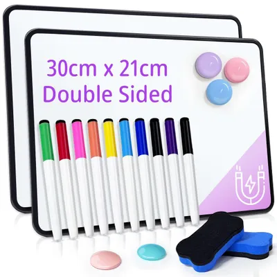 Produktbild von Whiteboards A4, 2 Stück, doppelseitig, Mini, inklusive Stifte und Magnete, für Zuhause und Schule