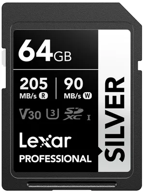 Imagen del producto de Tarjeta SD Lexar Silver de 64 GB, tarjeta SDXC UHS-I con velocidad de lectura de 205 MB/s y velocidad de escritura de 90 MB/s