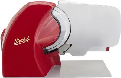 A red and white Berkel slicer on a silver base against a white background.
