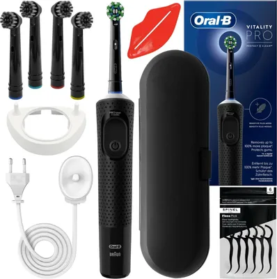 Image de Oral-B Vitality Pro D103 Noir Brosse à dents électrique + 4 embouts de précision noirs + Étui noir + Support individuel