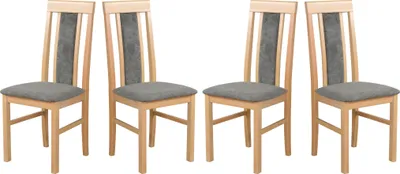 Four wooden dining chairs with gray upholstered seats and backrests are arranged in a row against a white background.