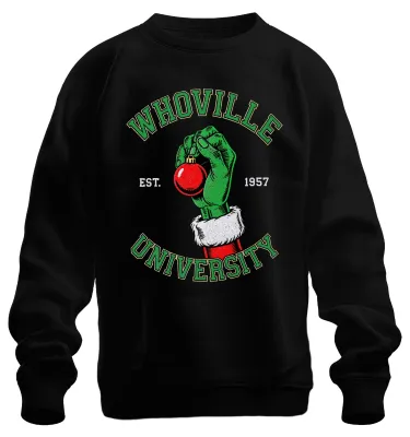 Produktbild von WHOVILLE UNIVERSITY Grinch Weihnachten Christbaumkugel Retro Sweatshirt Pullover, Schwarz, M