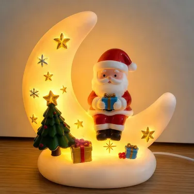 Produktbild von Weihnachts-Tischlampe Mondform, Weihnachtsmann, USB-betrieben, warmes LED-Licht, Weihnachtsbaum, Sterne & Schneeflocken, festliche Deko, Geschenk