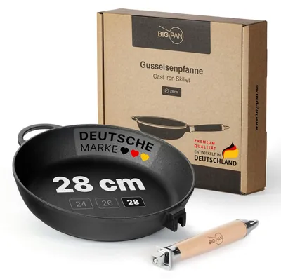 Produktbild von Premium Gusseisenpfanne 28 cm tief Induktion mit abnehmbarem Holzgriff – hochwertige unbeschichtete Gusspfanne backofenfest für alle Herdarten