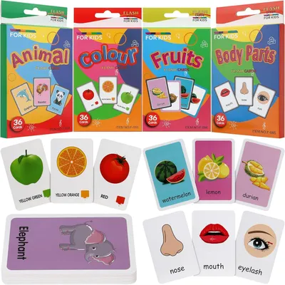 Produktbild von Lernkarten für Kinder, frühes Lern-Set für Kleinkinder im Alter von 2–4 Jahren, 4 Stück, 144 Stück, Tiere, Früchte, Körperteile und Farben