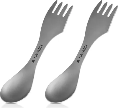 Produktbild von Navaris 3in1 Titan Camping Besteck 2er Set - 2 x Outdoor Göffel Spork - Messer Löffel Gabel inkl. Tasche - Essbesteck Kombi - Reisebesteck in Grau