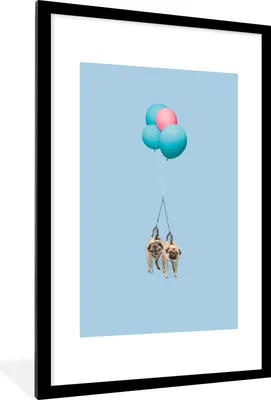Produktbild von MuchoWow® MuchoWow® Gerahmtes Poster Zwei Möpse auf blauen und rosa Luftballons 60x90 cm - Poster mit zchwarzem Bilderrahmen - Dekoration - Wandposter Wohnzimmer - Hochwertig