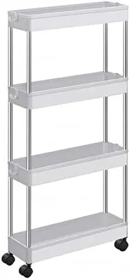 Produktbild von PolkaHome® Küchenwagen mit 4 Ablagen, 6 Haken und 360° drehbaren Rollen, Weiß - Fahrbarer Aufbewahrungswagen für Küche, Bad oder Büro