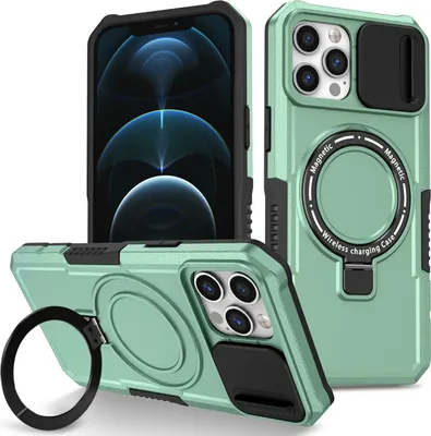 Produktbild von Handyhülle für iPhone 12 /iPhone 12 Pro Kompatibel mit MagSafe, Robuste Hülle mit Schiebe Kamera Schutz, Magnetischer Ringständer Grün